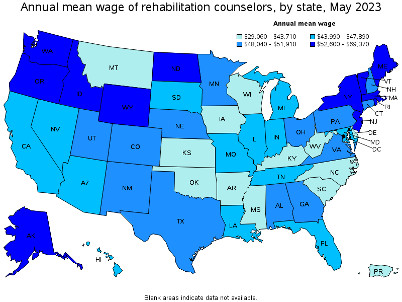 Map of annual mean wages of rehabilitation counselors by state, May 2023