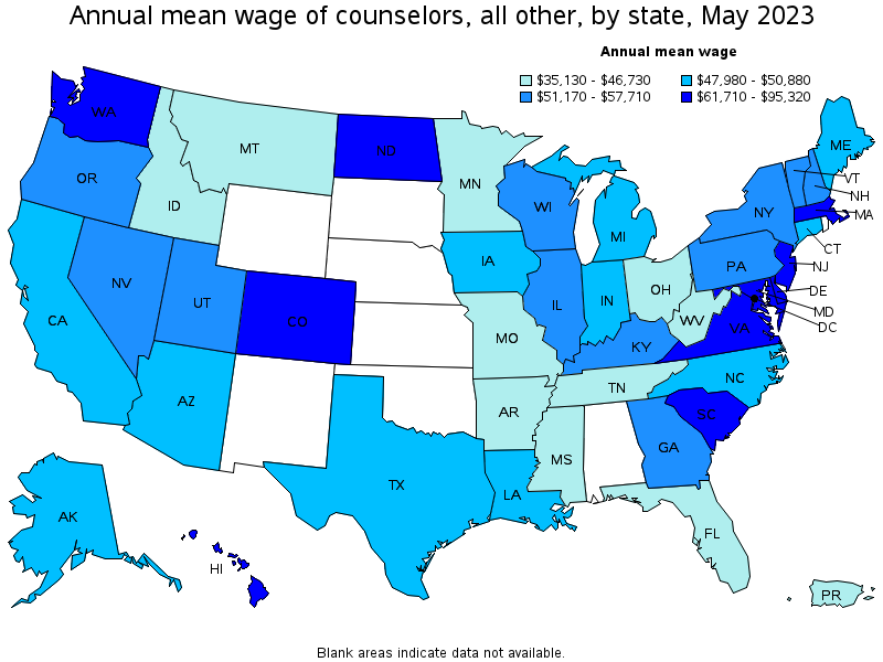 Map of annual mean wages of counselors, all other by state, May 2023