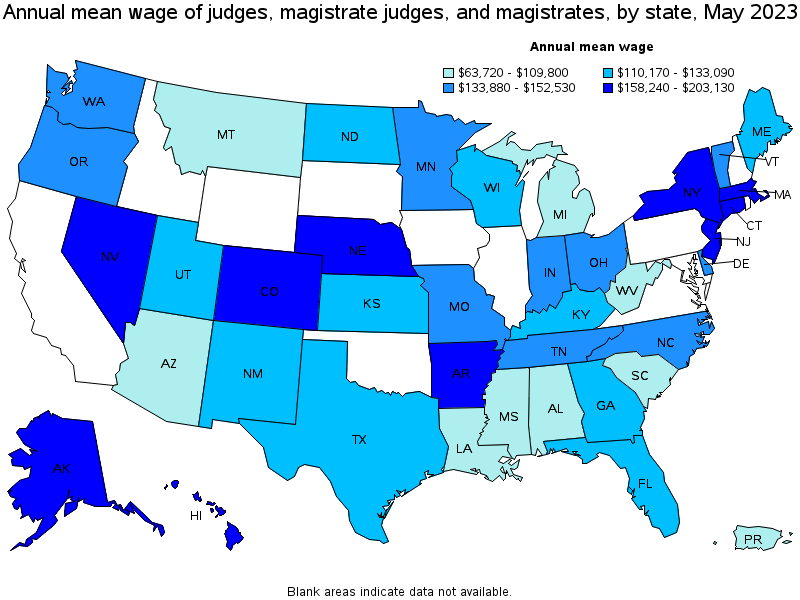 Map of annual mean wages of judges, magistrate judges, and magistrates by state, May 2023