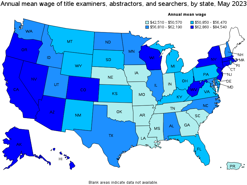 Map of annual mean wages of title examiners, abstractors, and searchers by state, May 2023