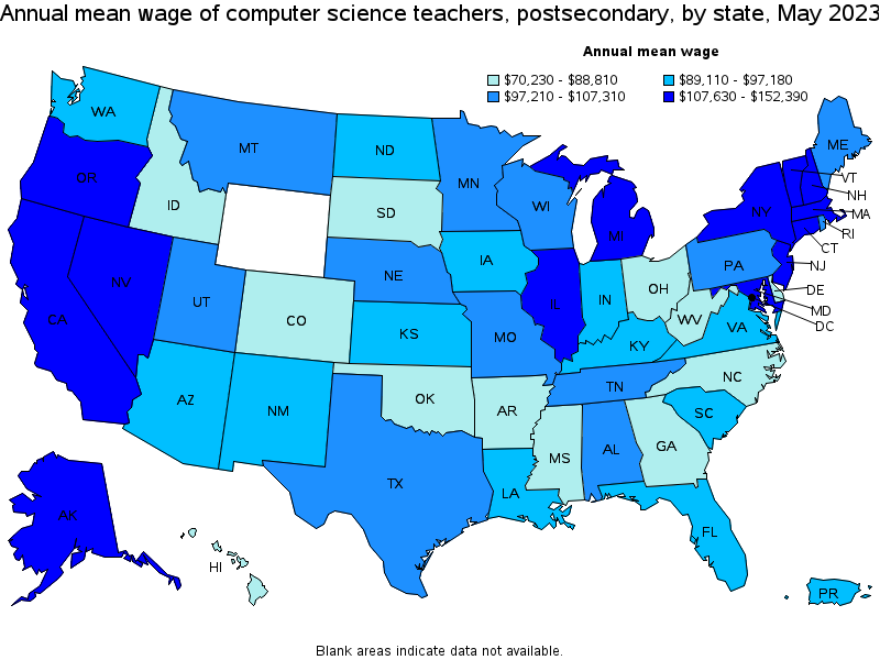 Map of annual mean wages of computer science teachers, postsecondary by state, May 2023