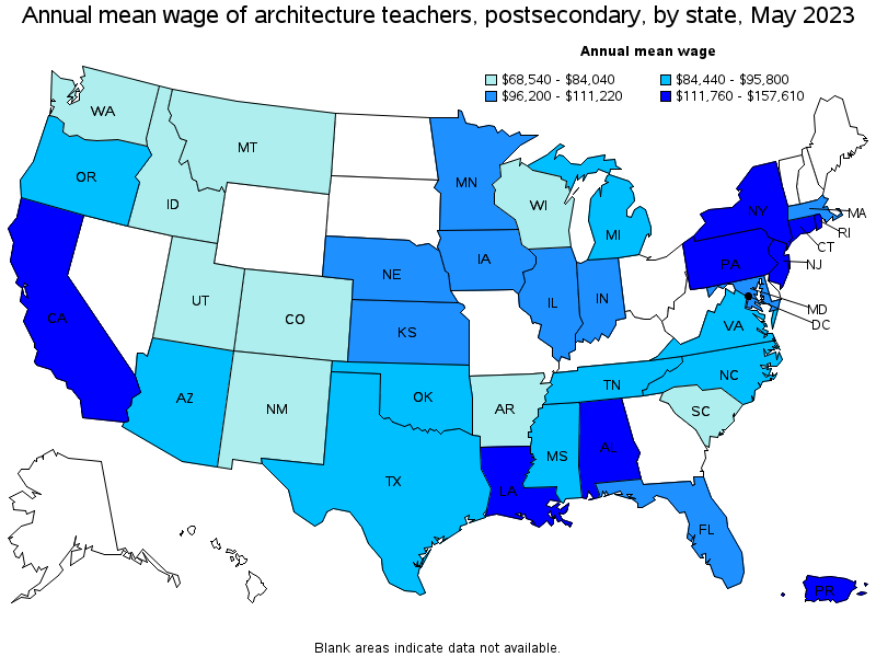 Map of annual mean wages of architecture teachers, postsecondary by state, May 2023