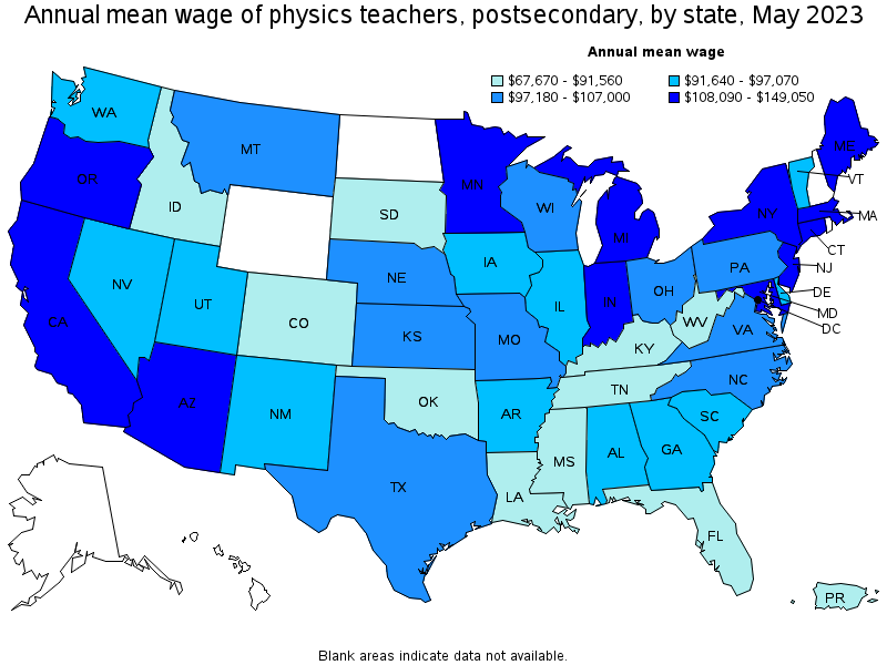 Map of annual mean wages of physics teachers, postsecondary by state, May 2023