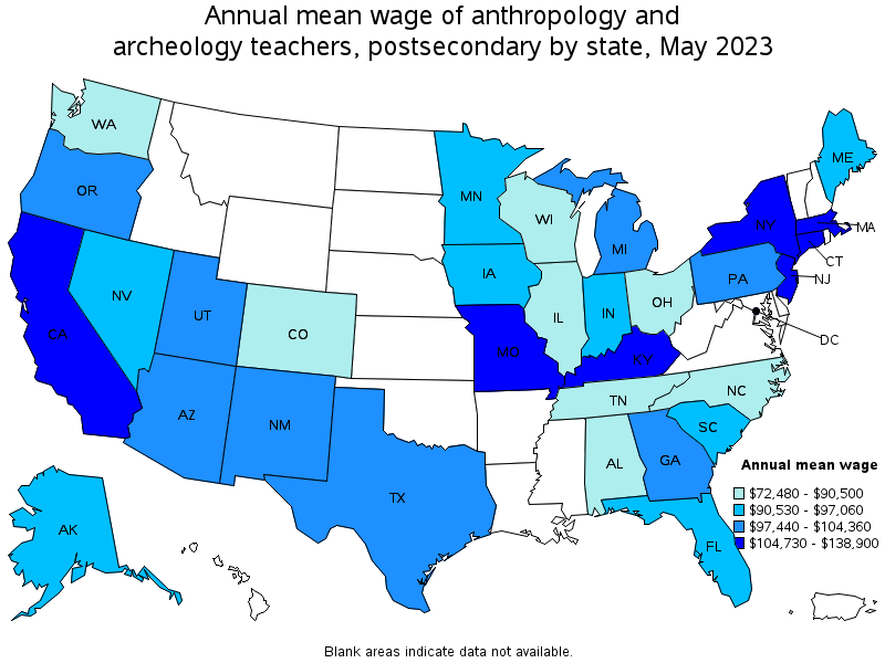 Map of annual mean wages of anthropology and archeology teachers, postsecondary by state, May 2023