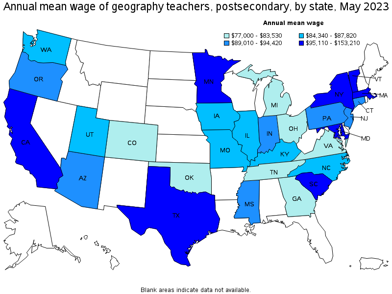 Map of annual mean wages of geography teachers, postsecondary by state, May 2023