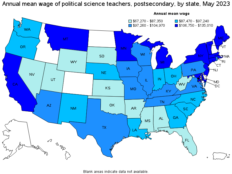Map of annual mean wages of political science teachers, postsecondary by state, May 2023