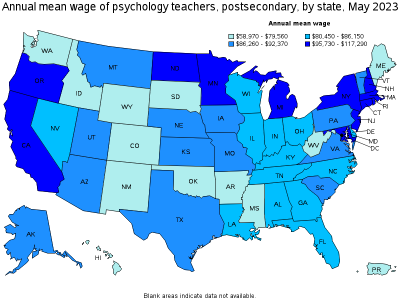 Map of annual mean wages of psychology teachers, postsecondary by state, May 2023