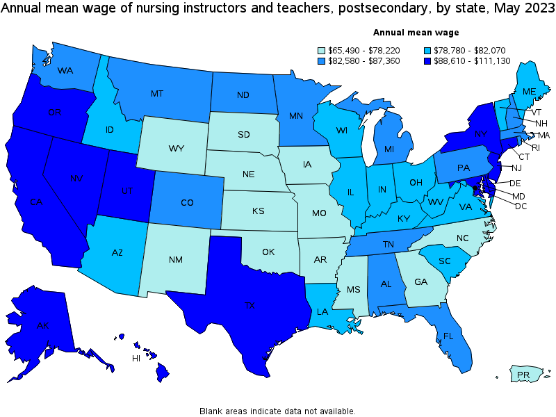 Map of annual mean wages of nursing instructors and teachers, postsecondary by state, May 2023