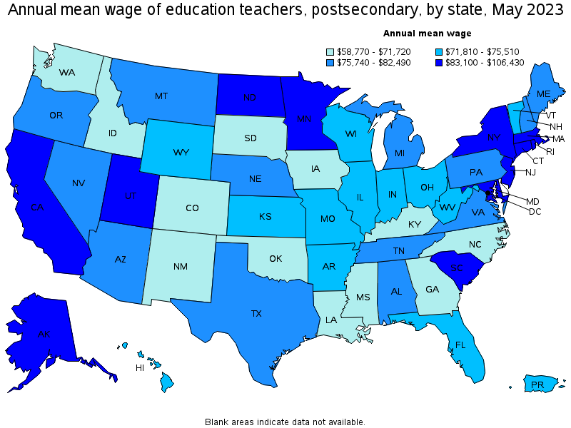 Map of annual mean wages of education teachers, postsecondary by state, May 2023