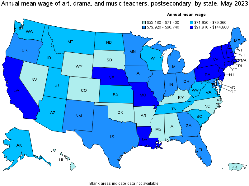 Map of annual mean wages of art, drama, and music teachers, postsecondary by state, May 2023