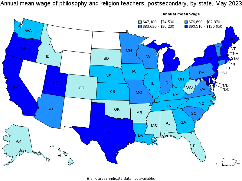 Map of annual mean wages of philosophy and religion teachers, postsecondary by state, May 2023