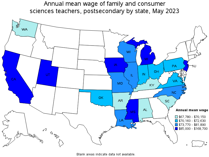 Map of annual mean wages of family and consumer sciences teachers, postsecondary by state, May 2023