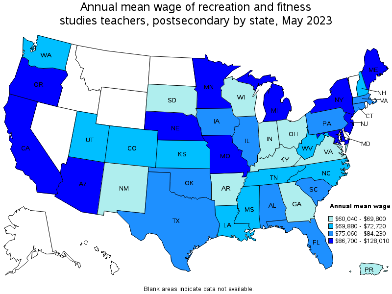 Map of annual mean wages of recreation and fitness studies teachers, postsecondary by state, May 2023