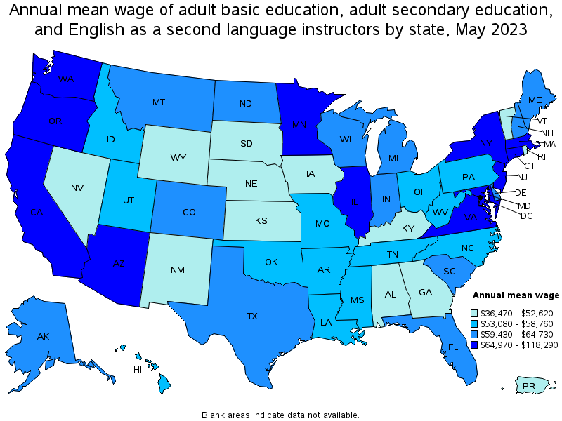 Map of annual mean wages of adult basic education, adult secondary education, and english as a second language instructors by state, May 2023