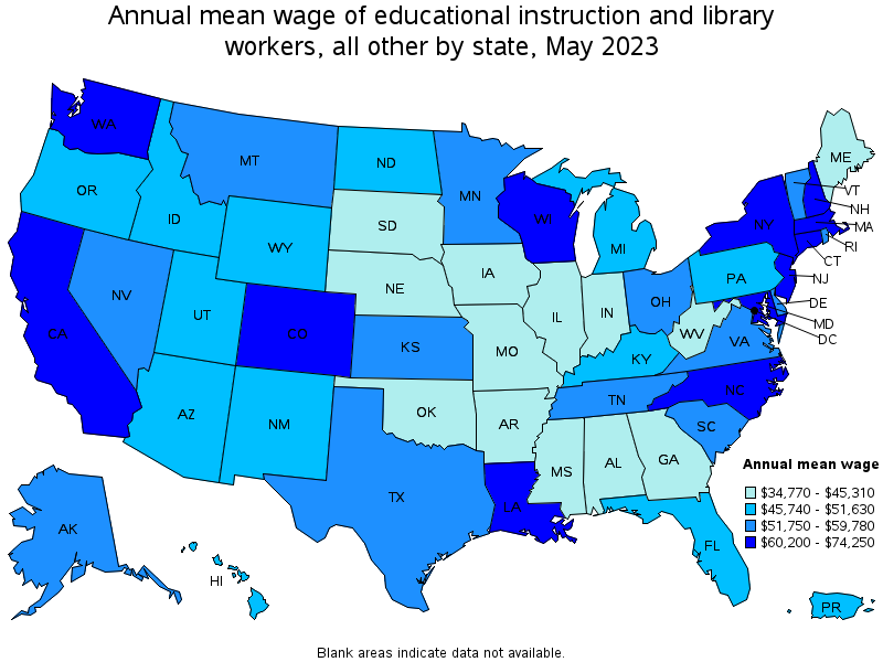 Map of annual mean wages of educational instruction and library workers, all other by state, May 2023