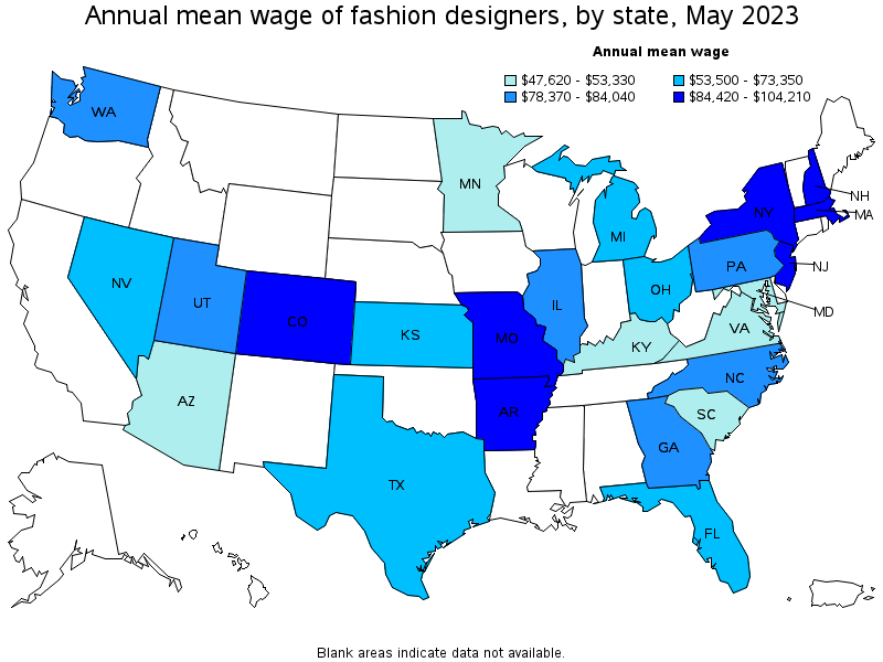 Map of annual mean wages of fashion designers by state, May 2023