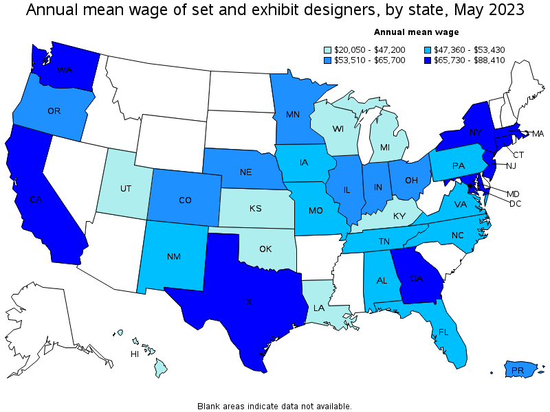Map of annual mean wages of set and exhibit designers by state, May 2023