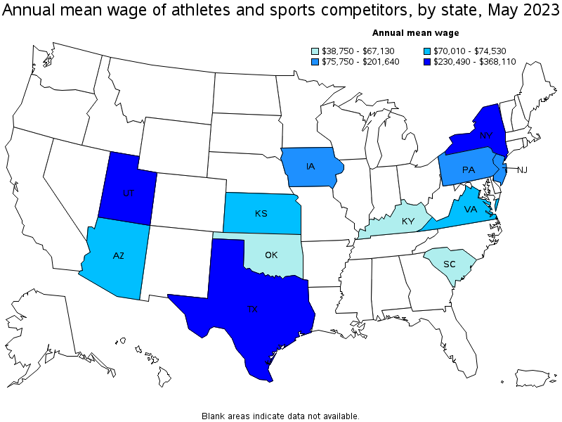 Map of annual mean wages of athletes and sports competitors by state, May 2023