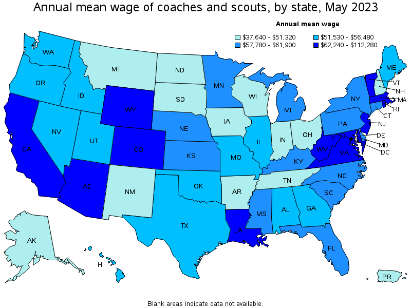 Map of annual mean wages of coaches and scouts by state, May 2023