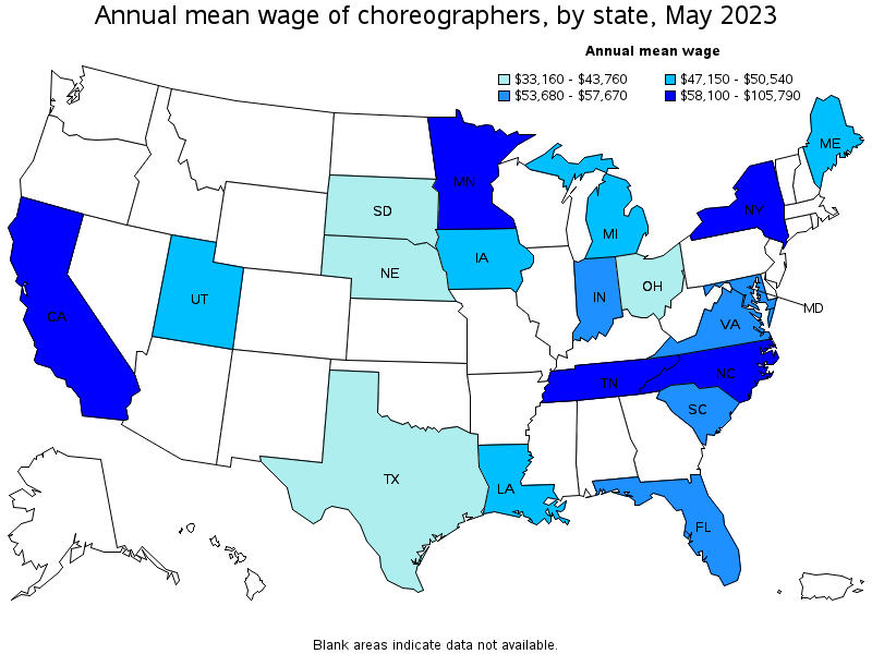 Map of annual mean wages of choreographers by state, May 2023
