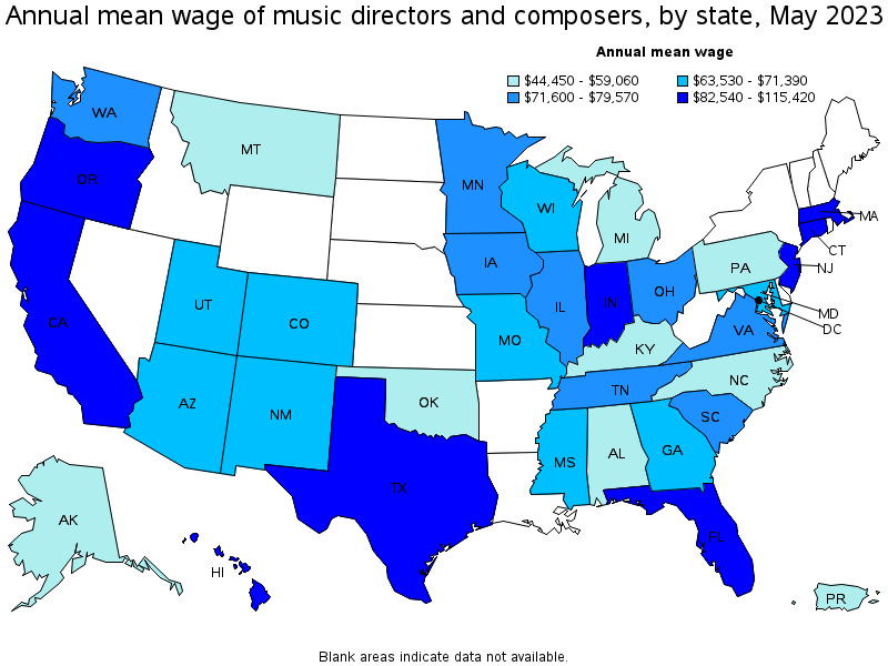 Map of annual mean wages of music directors and composers by state, May 2023