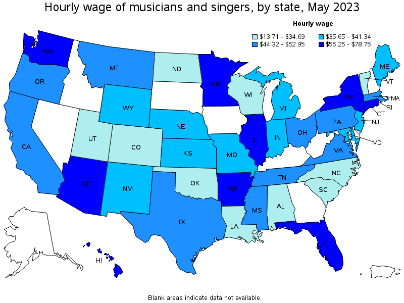 Map of annual mean wages of musicians and singers by state, May 2023