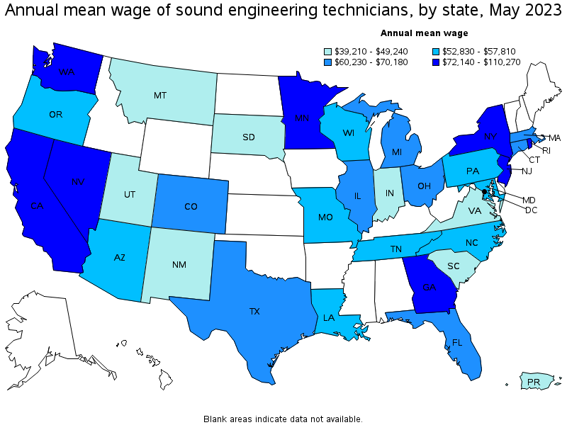 Map of annual mean wages of sound engineering technicians by state, May 2023