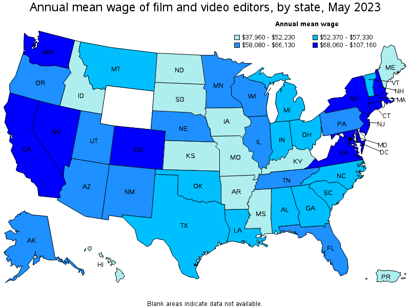 Map of annual mean wages of film and video editors by state, May 2023