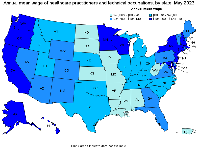 Map of annual mean wages of healthcare practitioners and technical occupations by state, May 2023