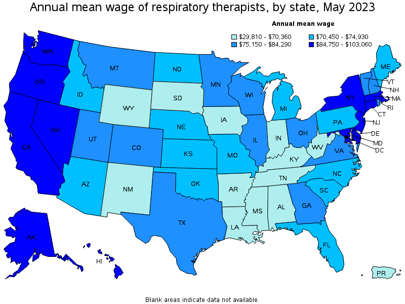 Map of annual mean wages of respiratory therapists by state, May 2023