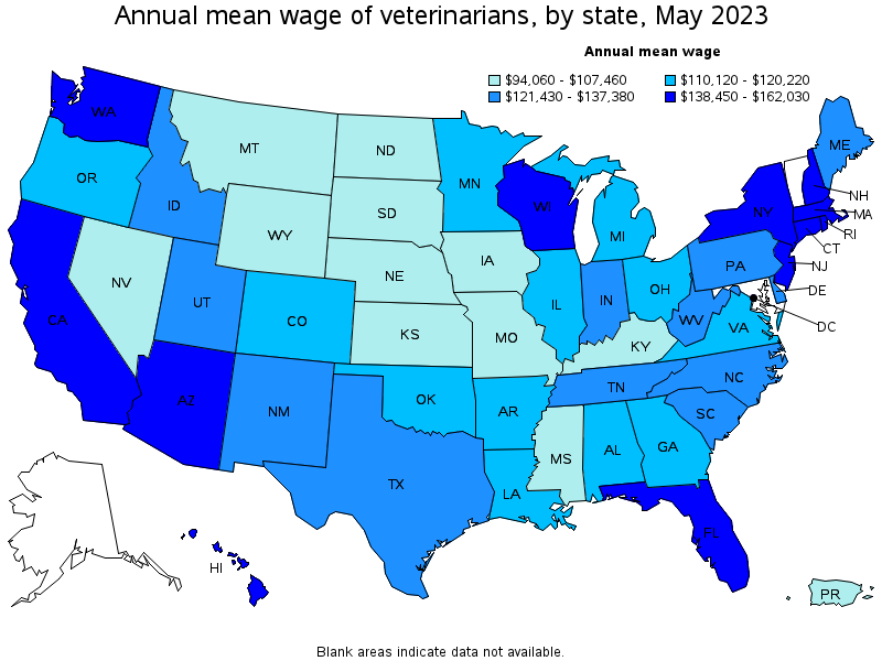 Map of annual mean wages of veterinarians by state, May 2023