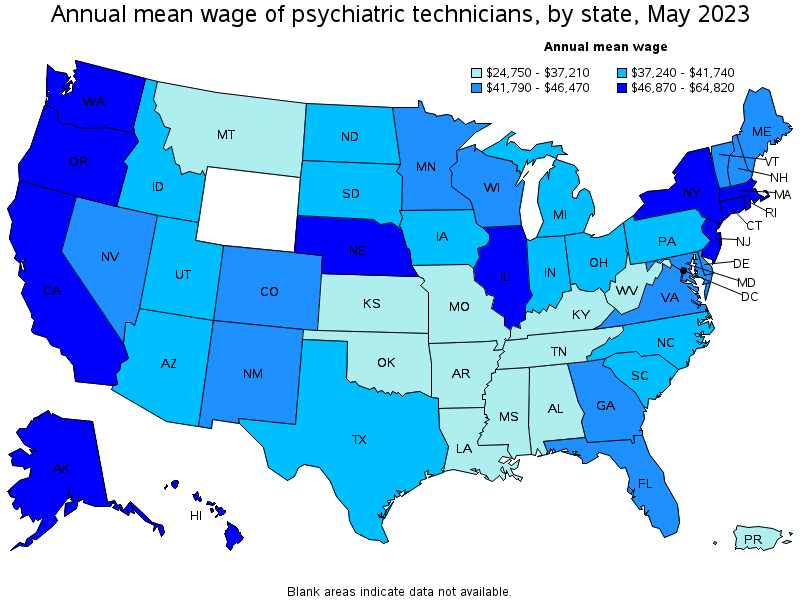 Map of annual mean wages of psychiatric technicians by state, May 2023