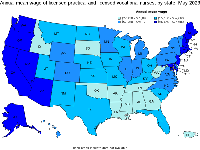 Map of annual mean wages of licensed practical and licensed vocational nurses by state, May 2023
