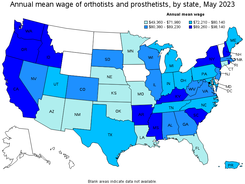 Map of annual mean wages of orthotists and prosthetists by state, May 2023