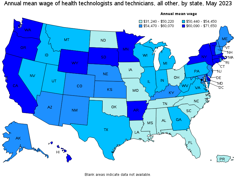 Map of annual mean wages of health technologists and technicians, all other by state, May 2023