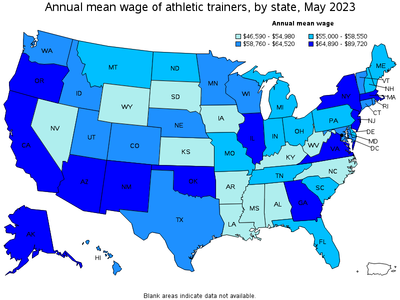 Map of annual mean wages of athletic trainers by state, May 2023