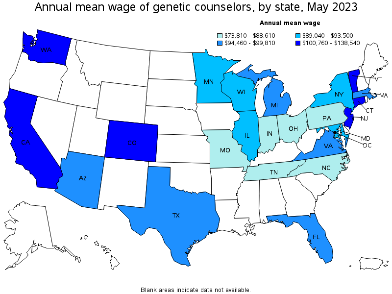 Map of annual mean wages of genetic counselors by state, May 2023
