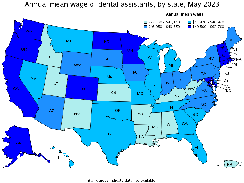 Map of annual mean wages of dental assistants by state, May 2023