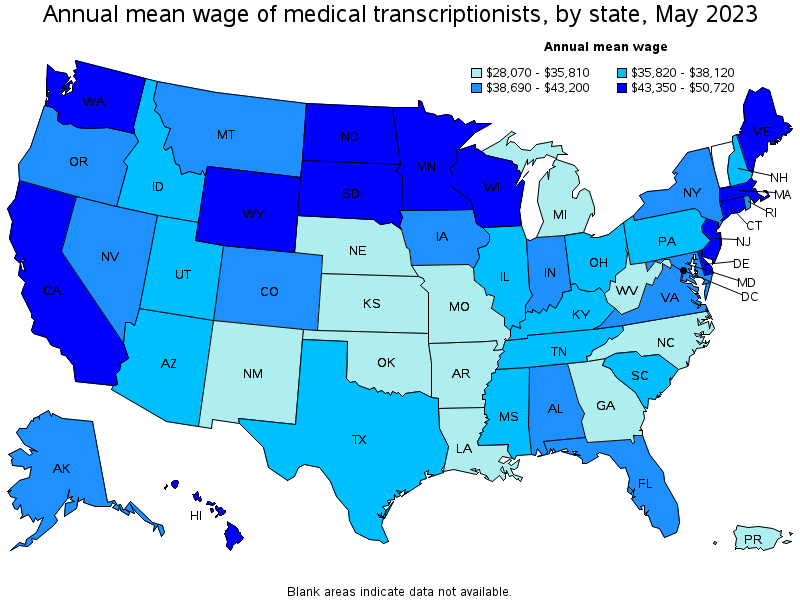 Map of annual mean wages of medical transcriptionists by state, May 2023