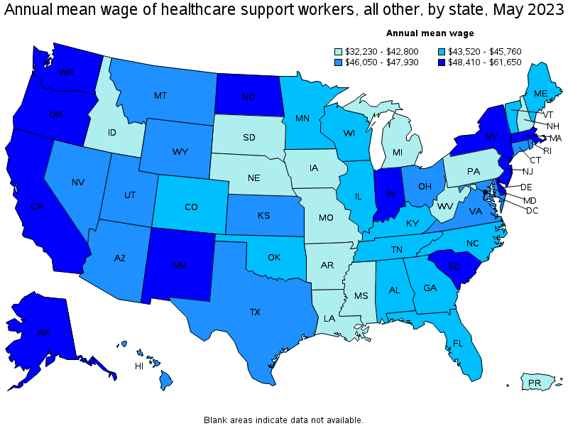 Map of annual mean wages of healthcare support workers, all other by state, May 2023