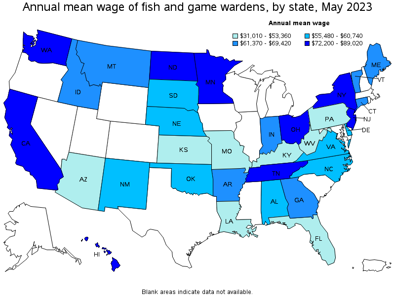 Map of annual mean wages of fish and game wardens by state, May 2023