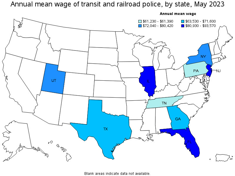 Map of annual mean wages of transit and railroad police by state, May 2023