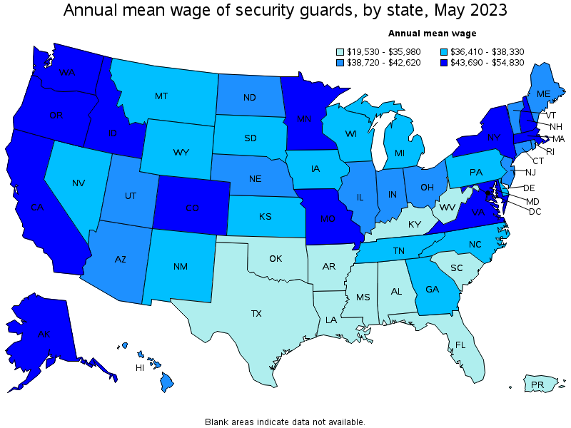 Map of annual mean wages of security guards by state, May 2023