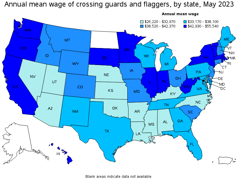 Map of annual mean wages of crossing guards and flaggers by state, May 2023
