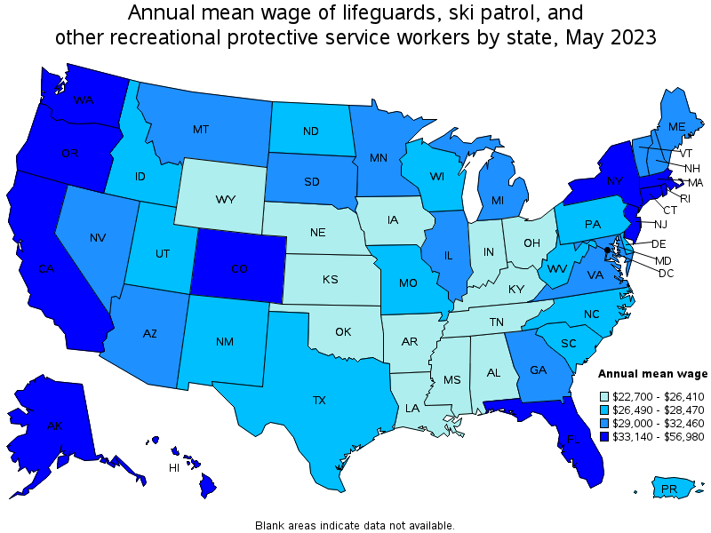 Map of annual mean wages of lifeguards, ski patrol, and other recreational protective service workers by state, May 2023