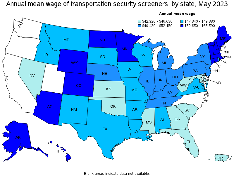 Map of annual mean wages of transportation security screeners by state, May 2023