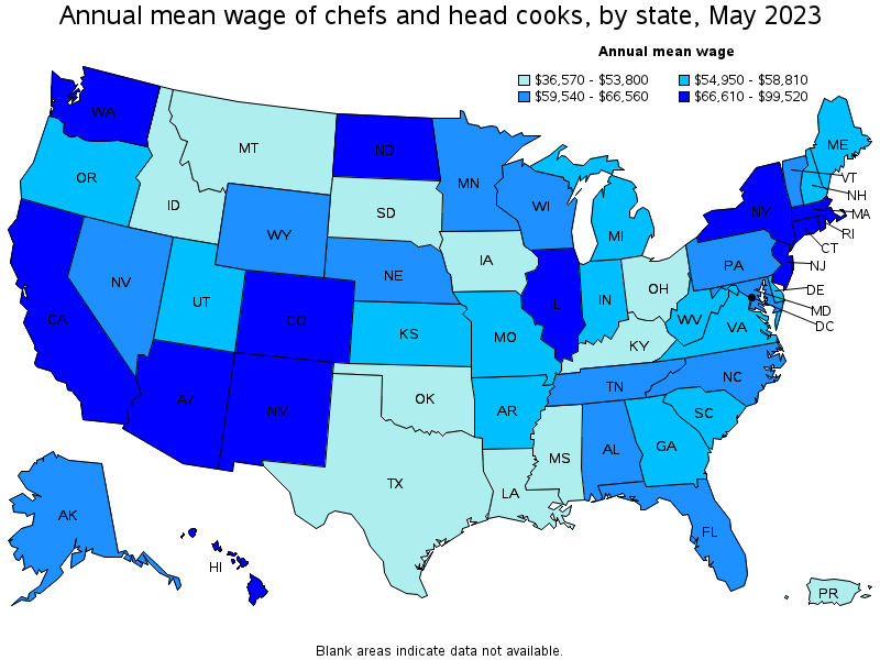 Map of annual mean wages of chefs and head cooks by state, May 2023