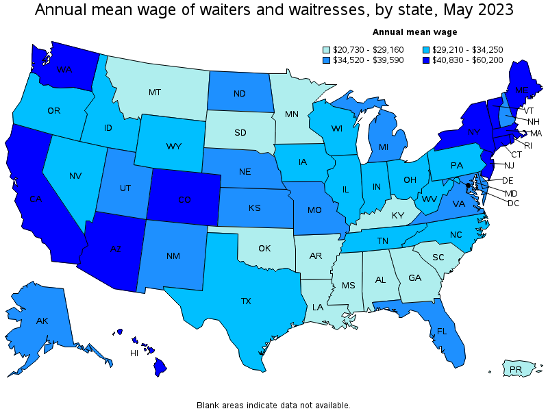 Map of annual mean wages of waiters and waitresses by state, May 2023