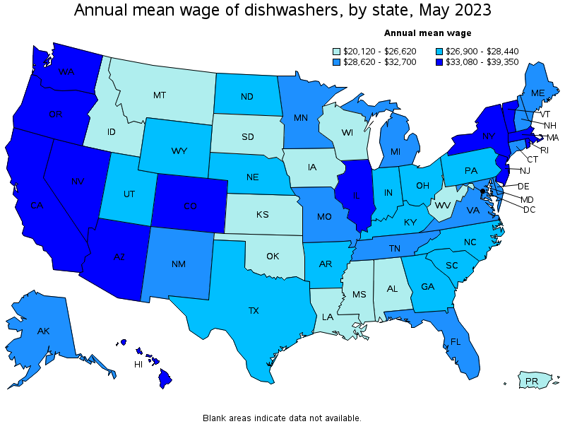 Map of annual mean wages of dishwashers by state, May 2023