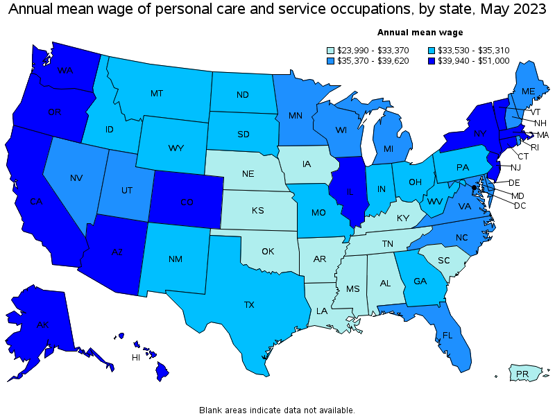 Map of annual mean wages of personal care and service occupations by state, May 2023